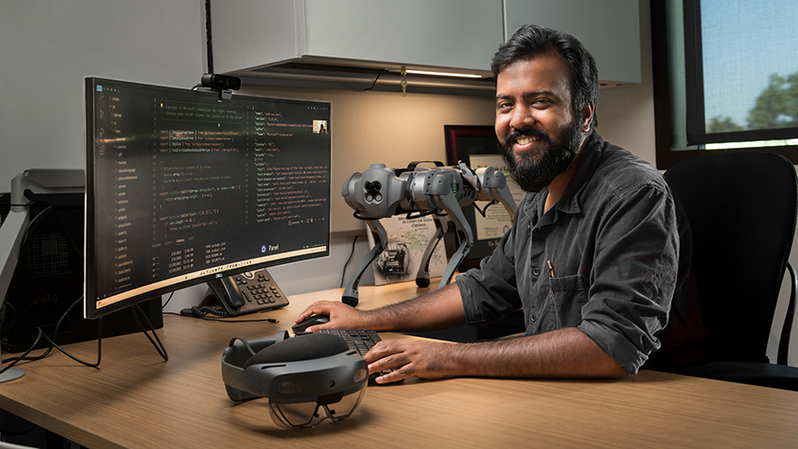 Purdue computer scientist Aniket Bera works to improve the way robots interact with the human world. (Purdue University photo/John Underwood)