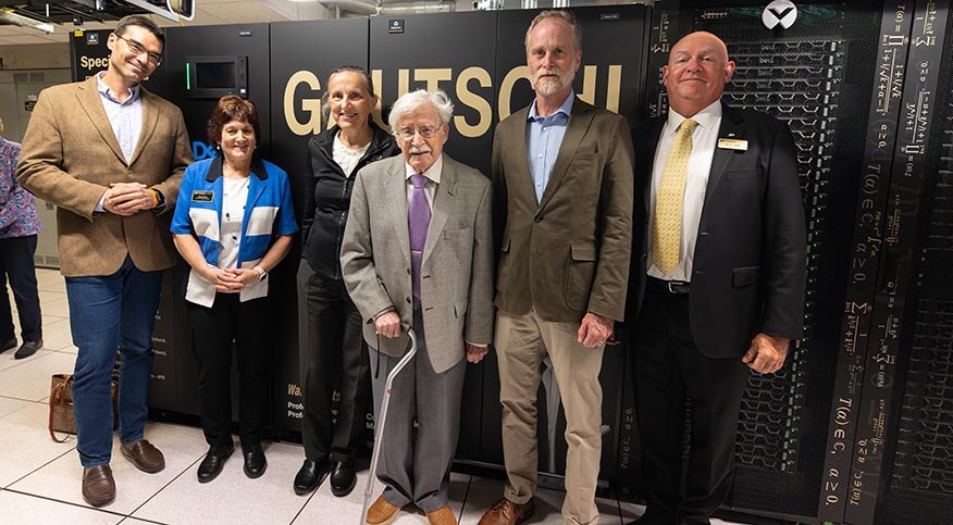 Purdue University leaders at the dedication for the new Gautschi supercomputer. From left Petros Drineas, department head of Computer Science; Karen Plaut, executive vice president for research; Irena Swanson, department head of Mathematics; Walter Gautschi, professor emeritus of computer science and professor emeritus of mathematics; Darryl Granger associate dean for faculty affairs in the College of Science, Ian Hyatt, chief of staff to Purdue President Mung Chiang