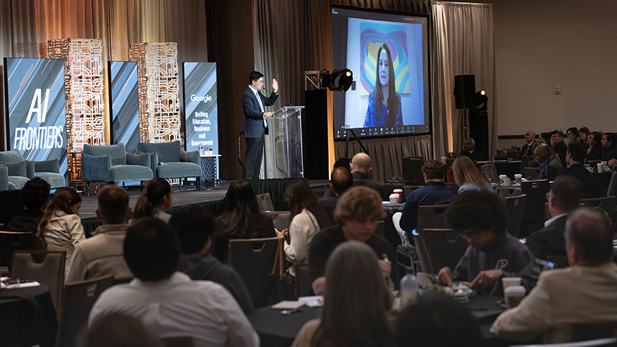 Purdue President Mung Chiang and Karen Dahut, CEO of Google Public Sector, both participated in the Google-Purdue AI Summit in November. A new partnership between Purdue and Google will enhance AI-enabled education. (Purdue University file photo/John Underwood)