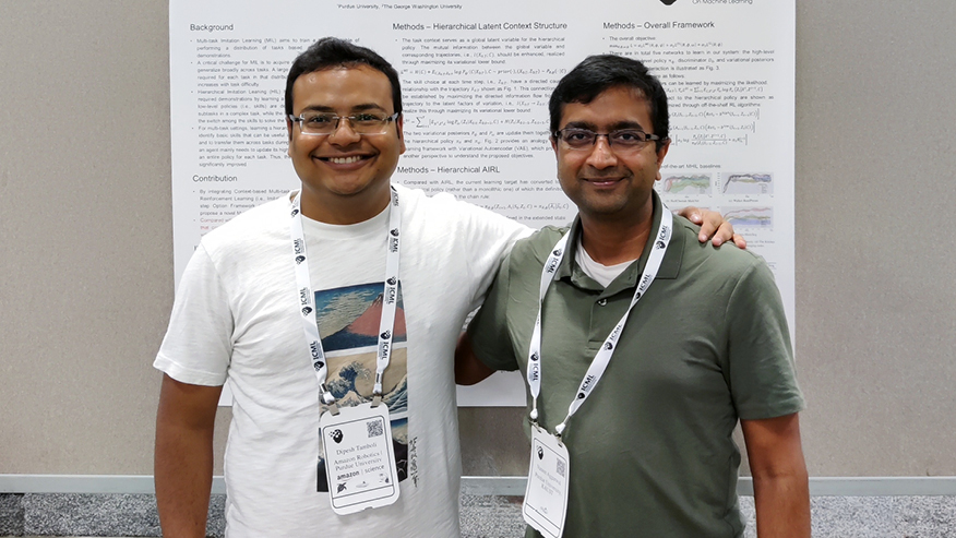 Purdue University researchers Vaneet Aggarwal, right, and Dipesh Tamboli have developed and validated a system that dramatically reduces what AI models learn about a user’s identity when photos are edited and shared. (Purdue University photo/Mudit Gaur)