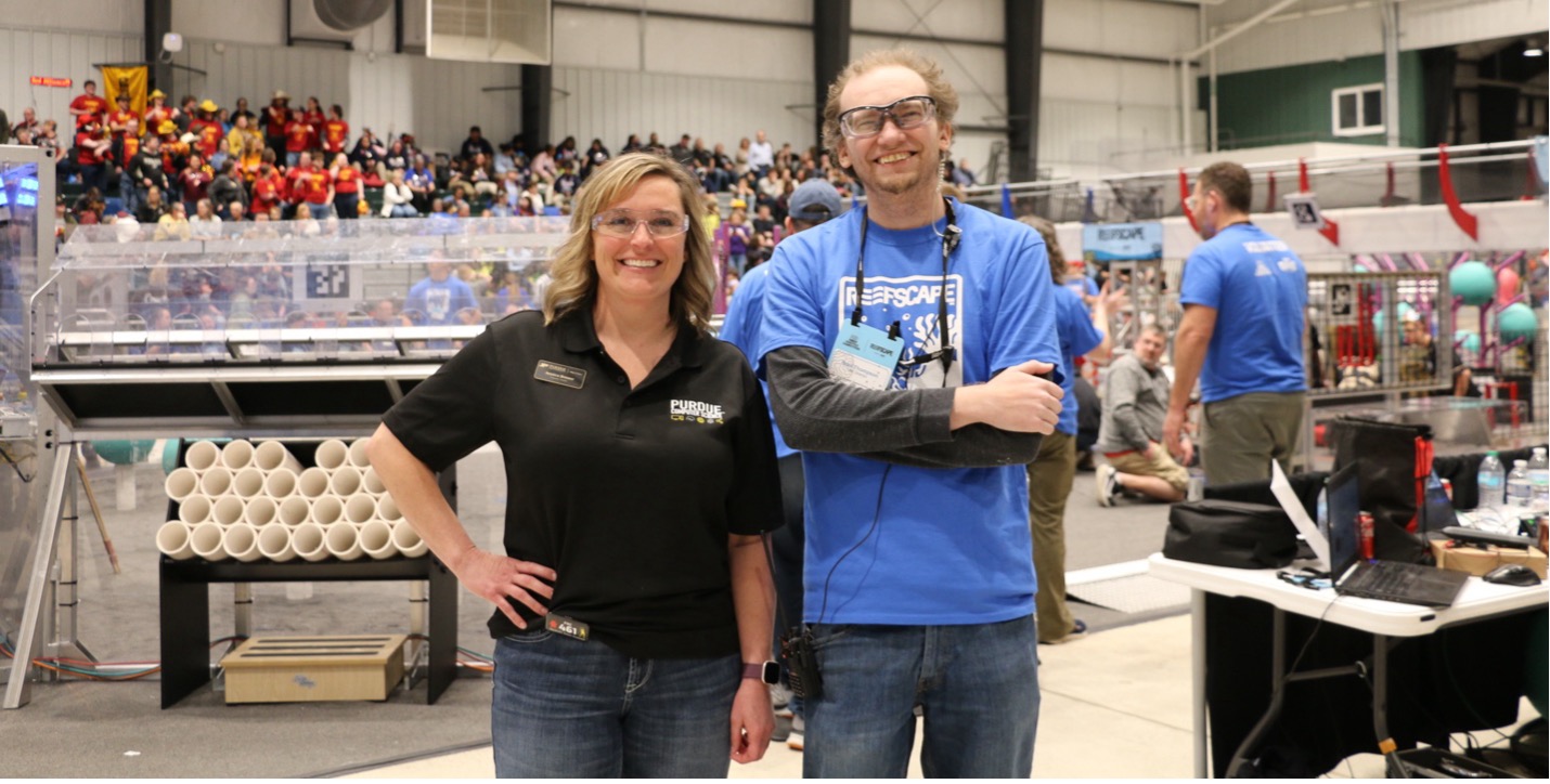 Jessica Brewer, K-12 outreach administrator for Purdue's Department of Computer Science, and Brad Thompson, executive director and lead mentor of Westside Robotics. 